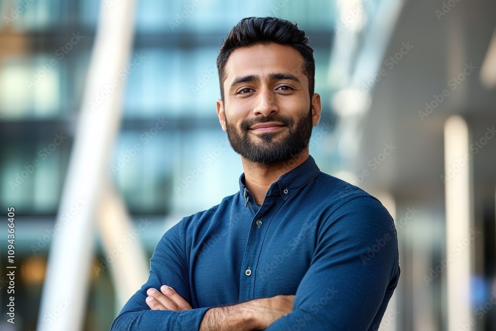 Confident South Asian Businessman in Teal Shirt Posing Outdoors in Urban Environment Confident South Asian Businessman in Teal Shirt Posing Outdoors in Urban Environment