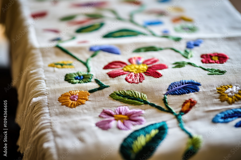 Fototapeta premium Handcrafted Embroidered Floral Tablecloth