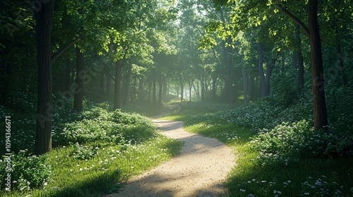 Tranquil Forest Hiking Trail in 3D with Sunlight Filtering Through Trees | Simple Clean Design with Copy Space and High Resolution