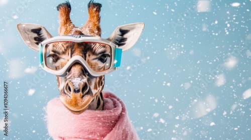 A cute giraffe wears colorful ski goggles and a cozy pink scarf against a whimsical snowy background, blending the joys of winter fun with animal charm and creativity.