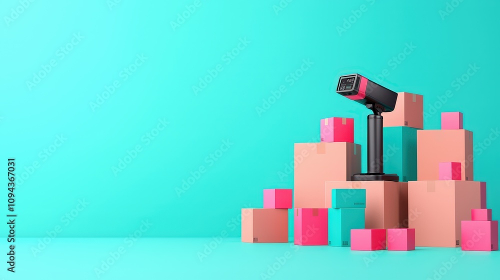 Fototapeta premium Barcode scanner with product boxes in background