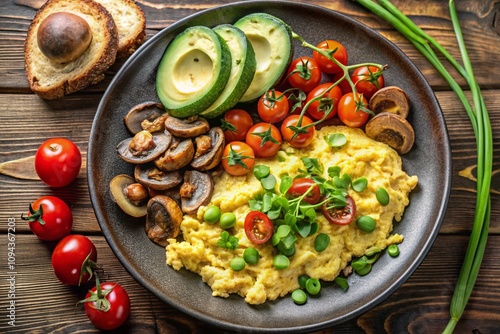 A breakfast flat lay with scrambled eggs, sliced avocado, roasted tomatoes, sautéed mushrooms, and chopped spring onions