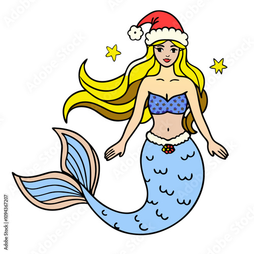 Christmas Mermaid: Festive and whimsical illustration of a mermaid wearing a Santa hat, perfect for holiday greetings and winter celebrations.