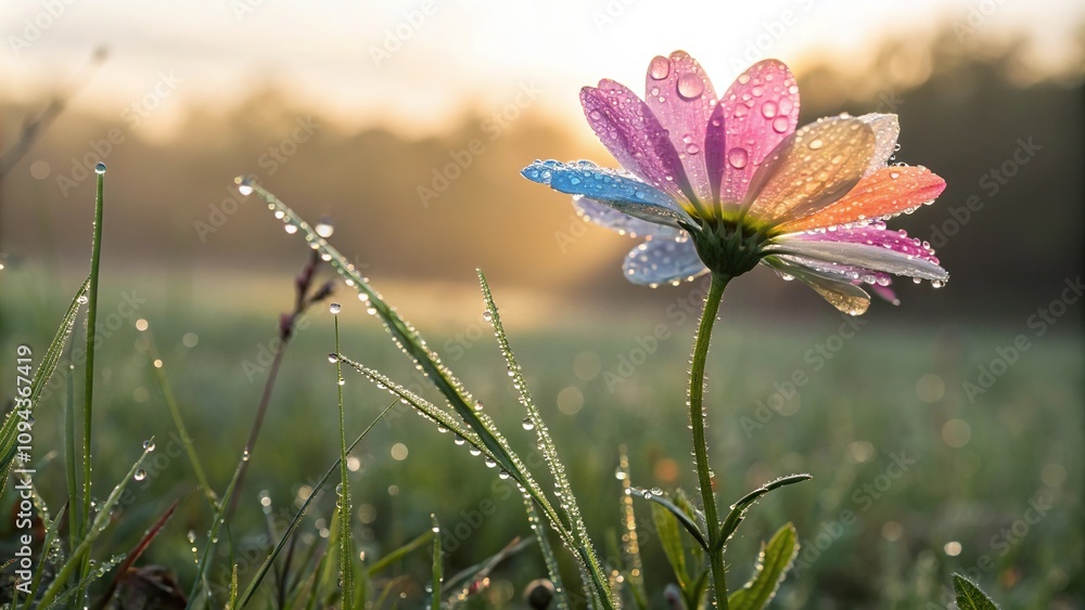 Close-up of a single multi-colored marshmallow flower in the field with dew drops on its petals, morning dew, close-up photo, meadow scene Close-up of a single multi-colored marshmallow flower in the field with dew drops on its petals, morning dew, close-up photo, meadow scene