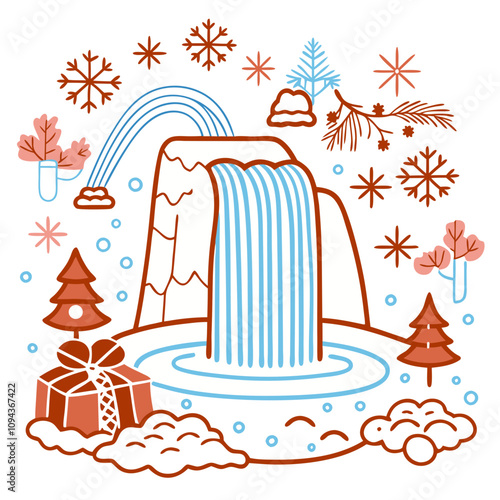 Winter Wonderland Waterfall: A whimsical illustration of a cascading waterfall surrounded by a snowy landscape, adorned with festive details like snowflakes and a gift box.