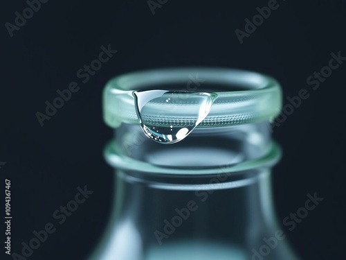 Close-up of a small water drop forming on the rim of a clear plastic bottle, water bottle, water drop, bottle rim photo