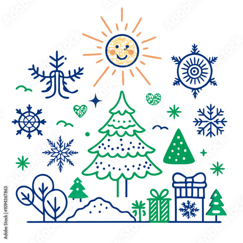 Winter Wonderland Line Art: Festive Christmas Tree and Sun Illustration 