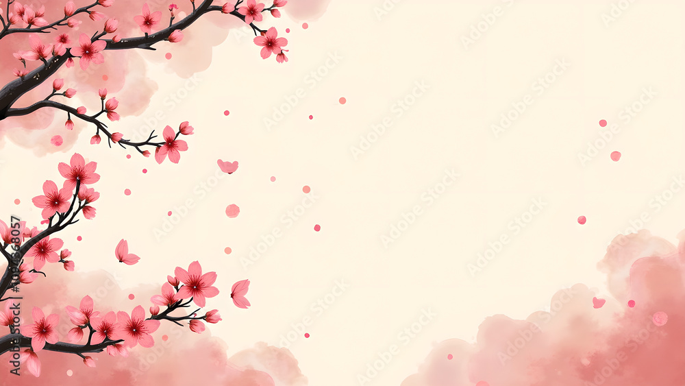 Cherry blossom tree branch with pink flowers and petals. Spring floral background design. Cherry blossom tree branch with pink flowers and petals. Spring floral background design.