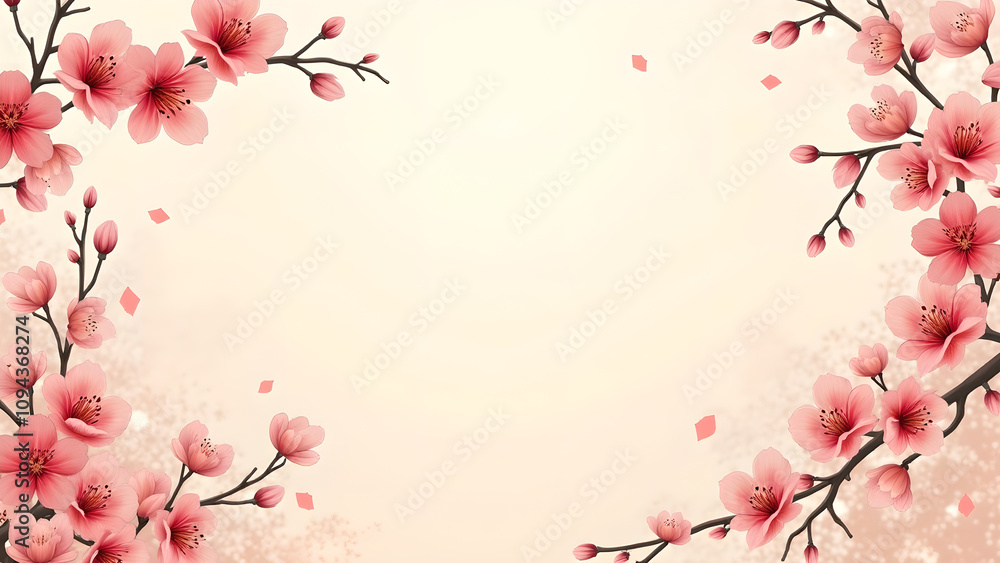 Naklejka premium Cherry Blossom Frame Background. Spring floral design with copy space.