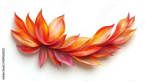 A vibrant, stylized arrangement of orange, pink, and red leaves creating a curved design on a white background.