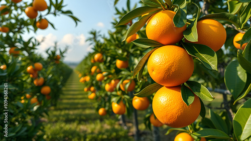 Ripe oranges hanging on a tree in a sunny orchard, ready for harvest