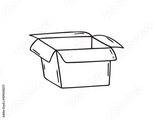 hand drawn doodle open empty cardboard box. Outline cardboard box isolated on a white background. Vector illustration.