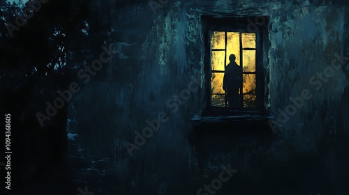 Silhouette of a Figure Gazing Out a Window in the Twilight's Embrace. AI Generated photo