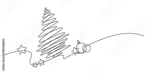 christmas tree decorate star and baubles one line drawing hand drawn minimalism