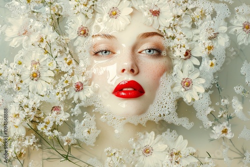 A stunning portrait of a woman submerged in water adorned with delicate flowers, showcasing a harmonious blend of nature and beauty in a serene composition.