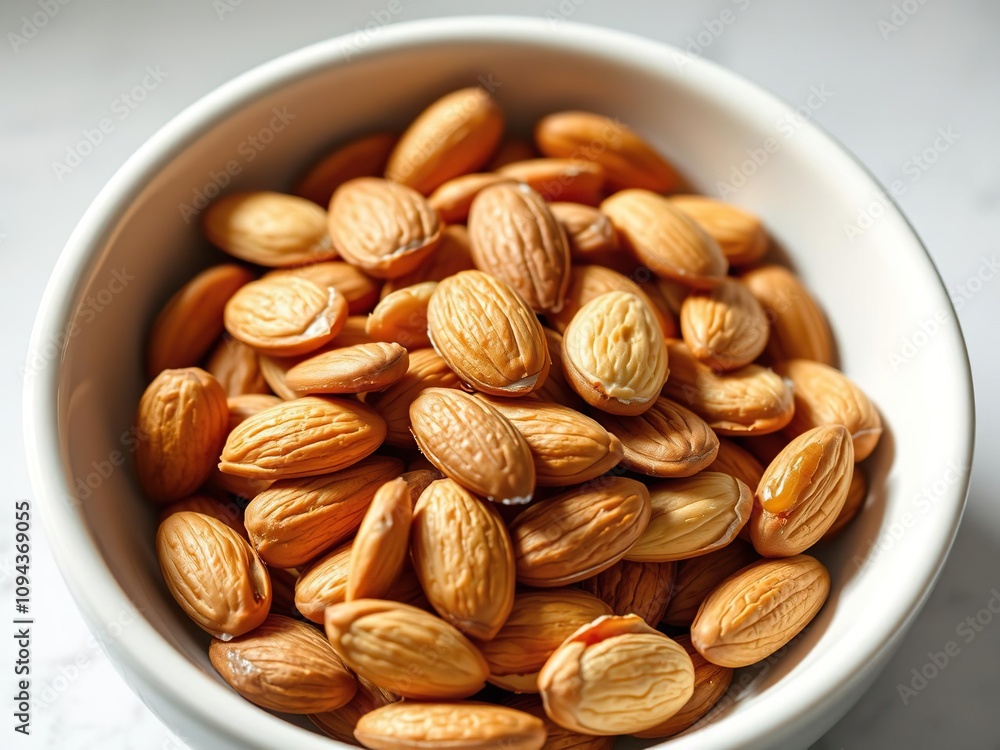 Close-up of sliced almonds in a shallow bowl, snack, flat lay Close-up of sliced almonds in a shallow bowl, snack, flat lay