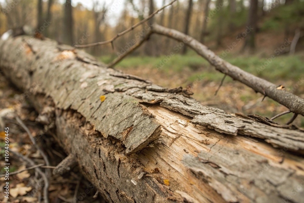 Close-up of wood grain and cortex bark texture on a fallen tree branch, forest floor, branch Close-up of wood grain and cortex bark texture on a fallen tree branch, forest floor, branch