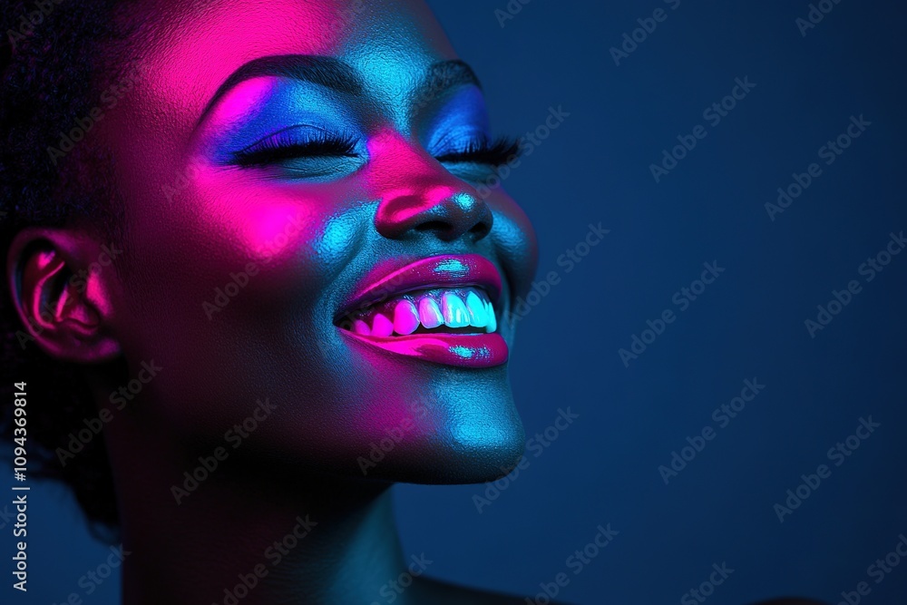 Smiling face in neon light with vibrant pink and blue hues Smiling face in neon light with vibrant pink and blue hues