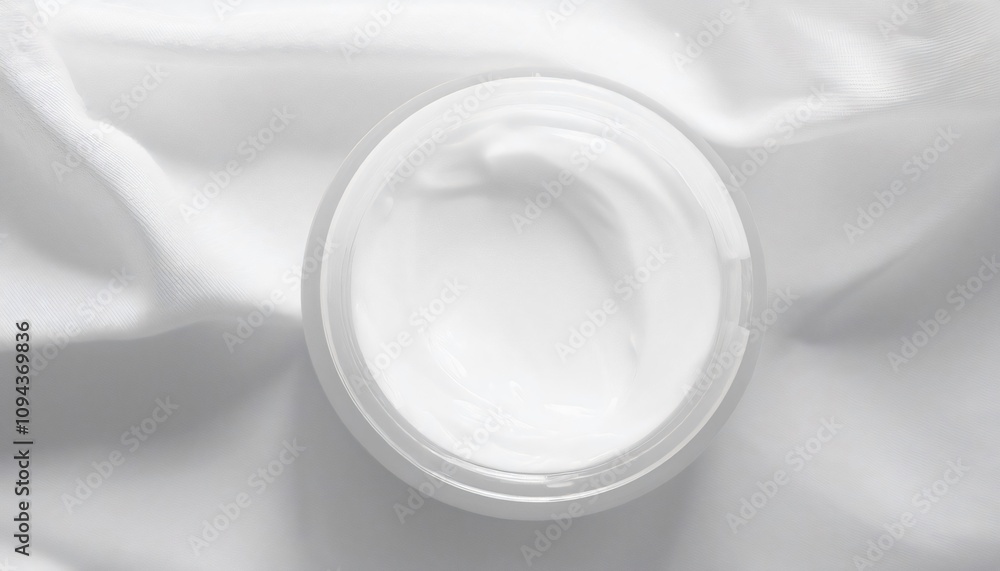 White cosmetic cream in a jar rests on luxurious white silk, embodying skincare and beauty White cosmetic cream in a jar rests on luxurious white silk, embodying skincare and beauty