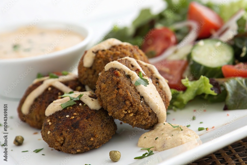 Close-up shot of juicy falafel with a side of rich tahini sauce drizzled on top, creamy sauce, aromatic spices, close-up food Close-up shot of juicy falafel with a side of rich tahini sauce drizzled on top, creamy sauce, aromatic spices, close-up food