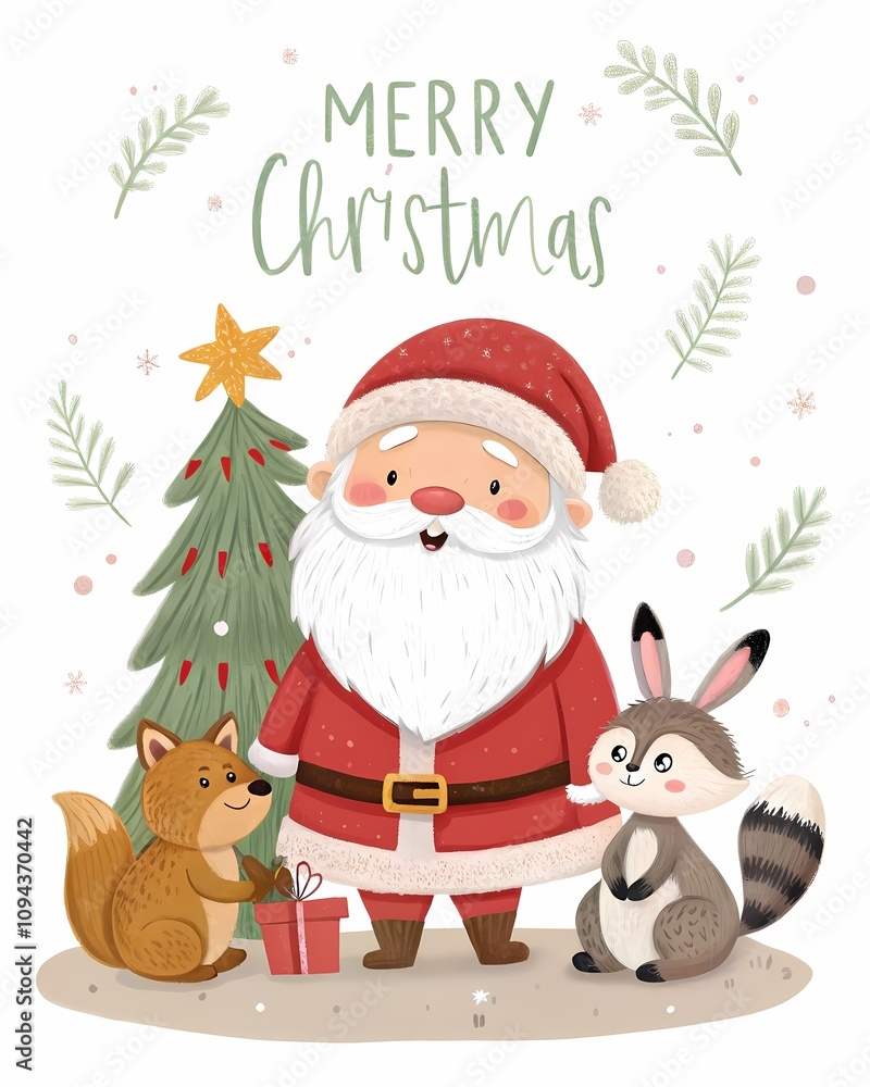 Santa Claus with Woodland Animals - Merry Christmas Greeting Card Santa Claus with Woodland Animals - Merry Christmas Greeting Card