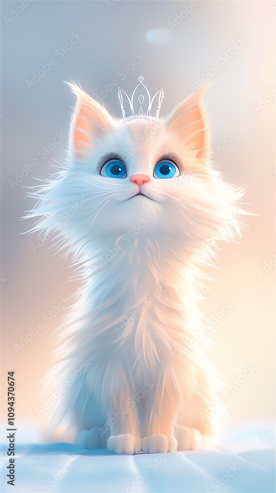 A white cat with blue eyes in a crown sits on the table A white cat with blue eyes in a crown sits on the table