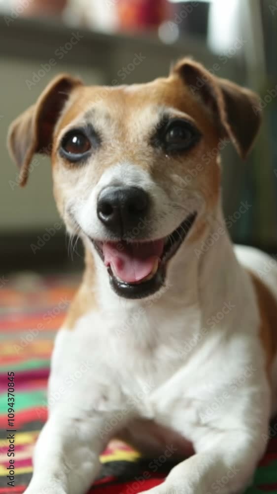Smiling dog face looking at camera. Lying in the floor. Happy adorable pet portrait friendly emotions. Vertical video footage Smiling dog face looking at camera. Lying in the floor. Happy adorable pet portrait friendly emotions. Vertical video footage