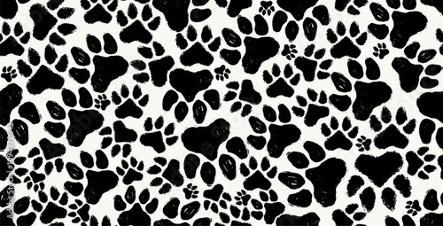 Paw pet seamless pattern. Endless dog or cat foot print texture, animal background. Grunge stamp repeat, foot track wallpaper. Cartoon vector illustration. Vector paw pet dog and cat seamless pattern.