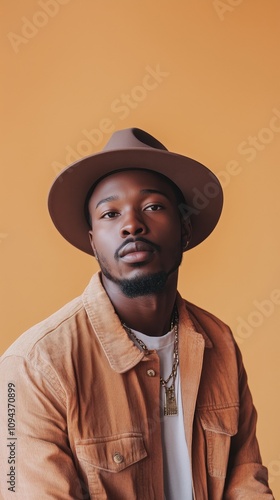 Stylish african american man in hat against orange background