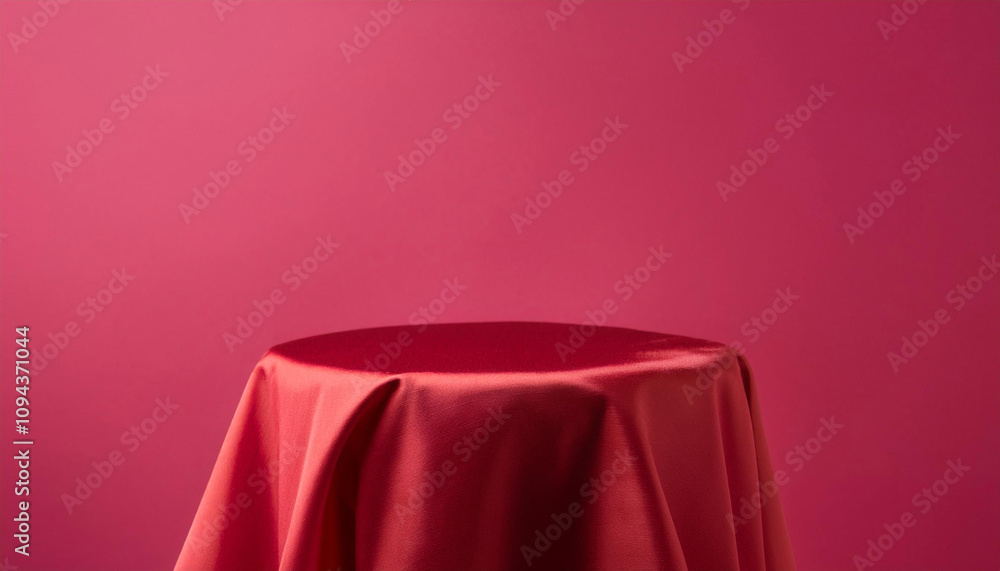 Cylinder podium covered with red cloth on viva magenta background. Premium empty fabric pedestal for product display. Cylinder podium covered with red cloth on viva magenta background. Premium empty fabric pedestal for product display.