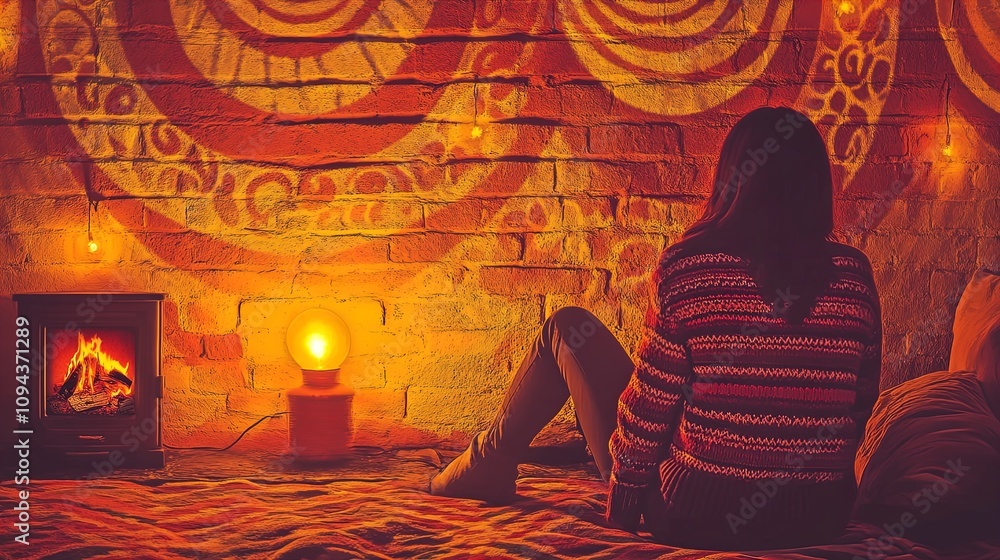Warm and Serene Holiday Bliss: Cozy Woman in Knit Sweater by Glowing Fireplace – Perfect for a Inviting Poster in Your Home Decor or Sports Lounge! Warm and Serene Holiday Bliss: Cozy Woman in Knit Sweater by Glowing Fireplace – Perfect for a Inviting Poster in Your Home Decor or Sports Lounge!
