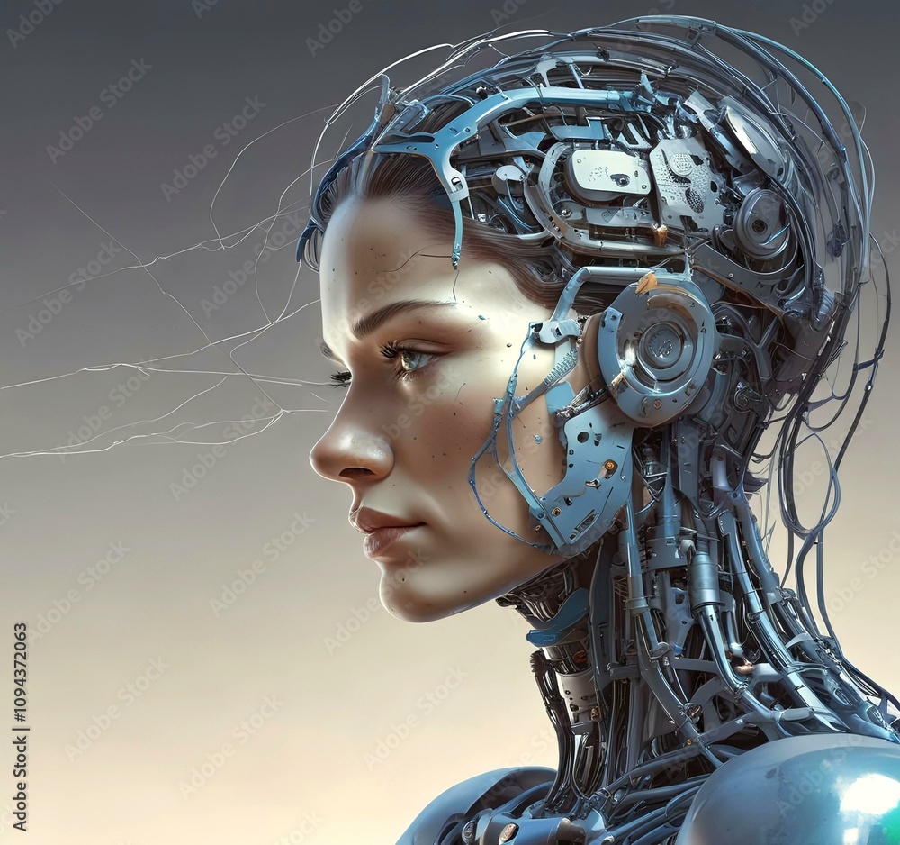 Technology illustration of cyborg with brain connections. Technology illustration of cyborg with brain connections.
