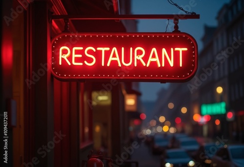 A charming neon restaurant sign glows warmly on a cozy street, inviting passersby for a delightful dining experience in an urban setting