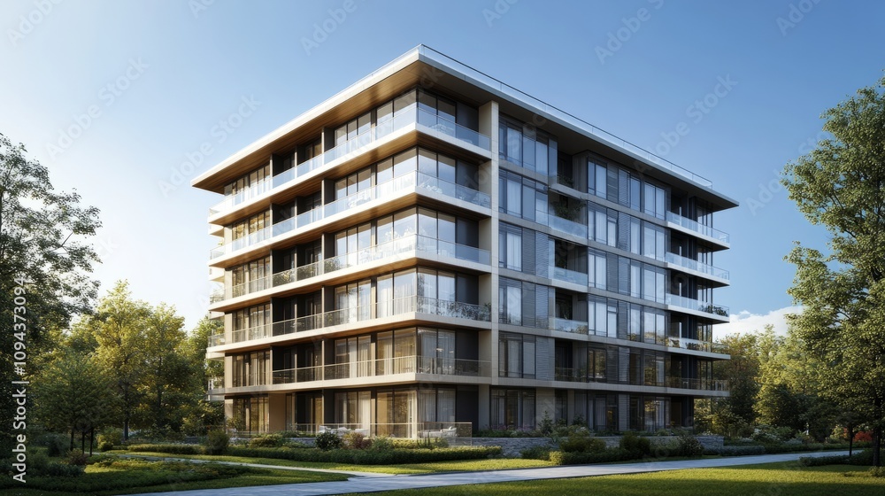 A modern residential building with glass balconies, clean lines, and a clear blue sky in the background, bathed in sunlight. A modern residential building with glass balconies, clean lines, and a clear blue sky in the background, bathed in sunlight.