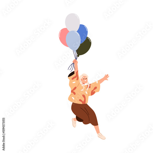 Happy girl flying up with air balloons. Excited funny female character holding helium baloons bunch, bundle in hand. Festive holiday celebration. Flat vector illustration isolated on white background