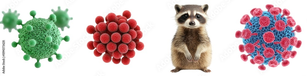 3D Virus Disease Concept. A creative representation of viruses alongside a raccoon, showcasing the intersection of nature and microscopic life. 3D Virus Disease Concept. A creative representation of viruses alongside a raccoon, showcasing the intersection of nature and microscopic life.