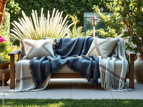 Cozy throw blankets and pillows on a comfortable sofa in a garden, cozy, pillows