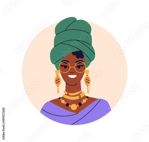 Happy black woman in headwrap, earring, glasses and jewelry. African female character smiling, wearing headwear, circle avatar, user profile. Flat vector illustration isolated on white background