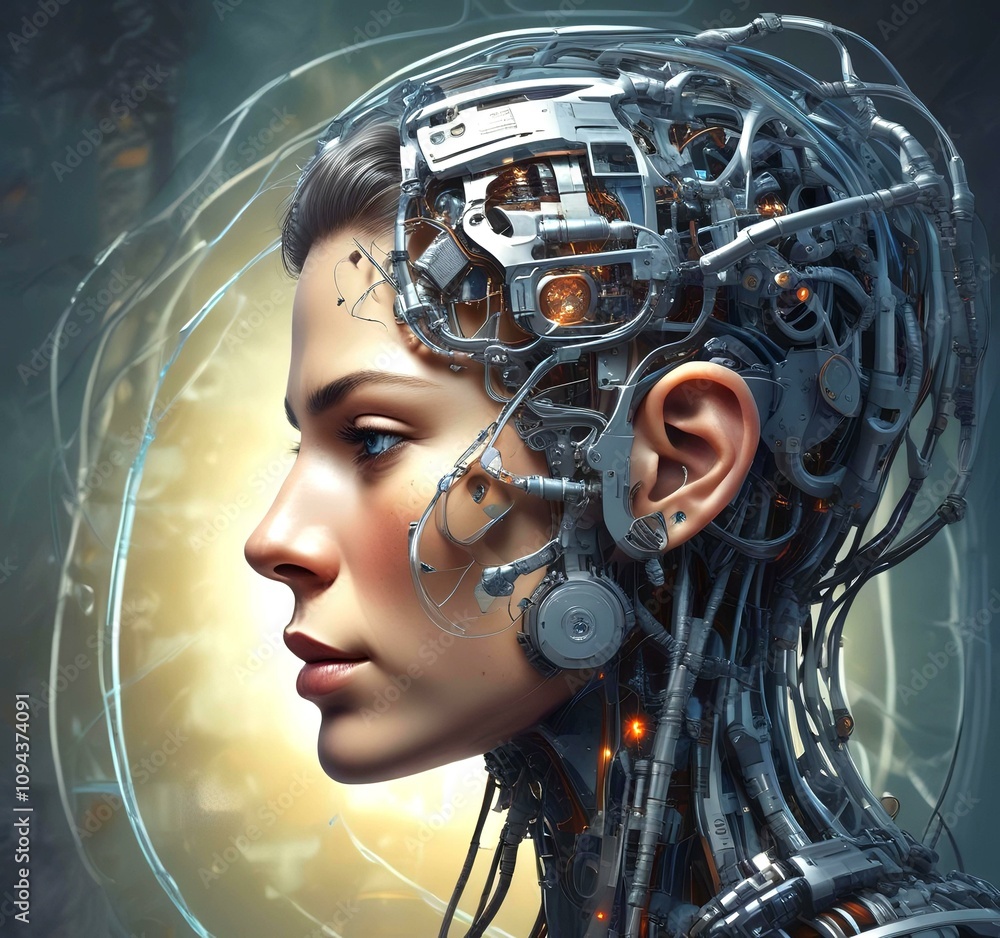 Technology illustration of cyborg with brain connections. Technology illustration of cyborg with brain connections.
