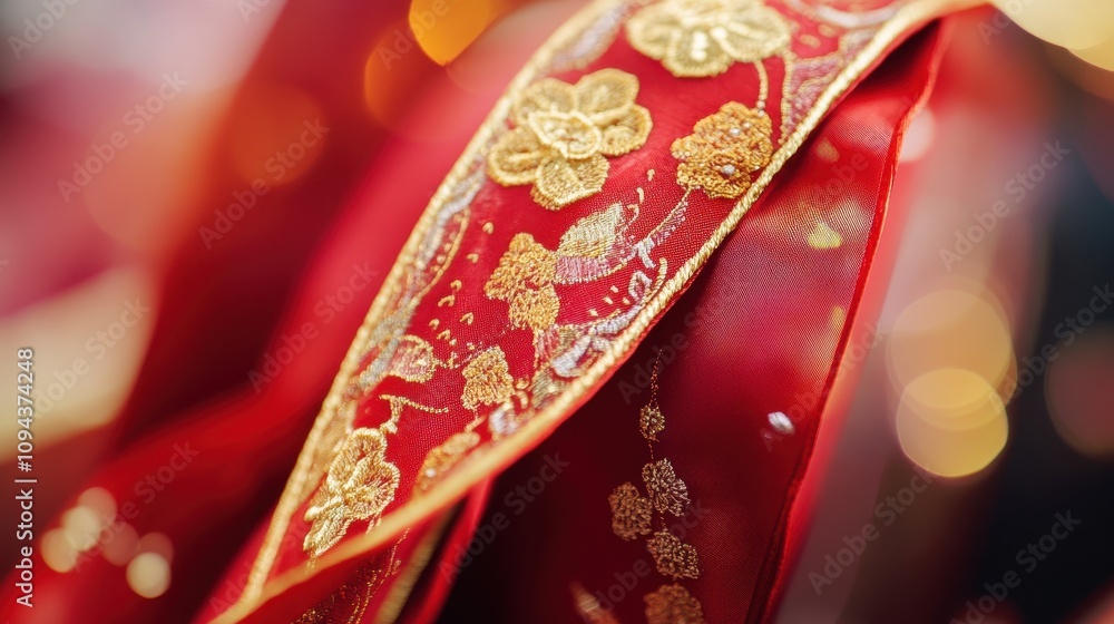 Close-up of a rich red silk ribbon with gold embroidery on a blurred background Close-up of a rich red silk ribbon with gold embroidery on a blurred background