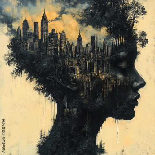 A surreal portrait of a woman with a cityscape emerging from her hair, symbolizing urban life and nature's integration.