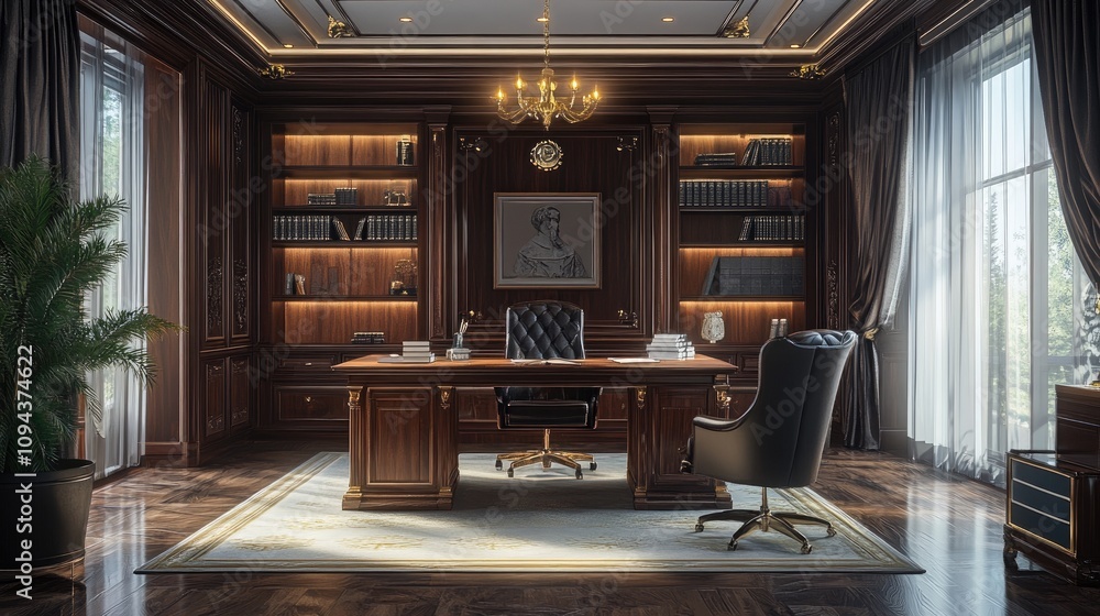Elegant home office featuring dark wood furniture and luxurious decor. Elegant home office featuring dark wood furniture and luxurious decor.
