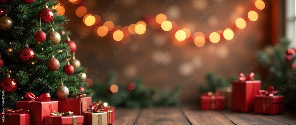Decorated Christmas tree, garlands, gifts in red and green tones, bokeh Decorated Christmas tree, garlands, gifts in red and green tones, bokeh
