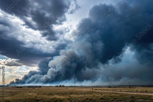 Dark blue sky with dense clouds of gray smoke, eerie, wispy, gray smoke, swirling