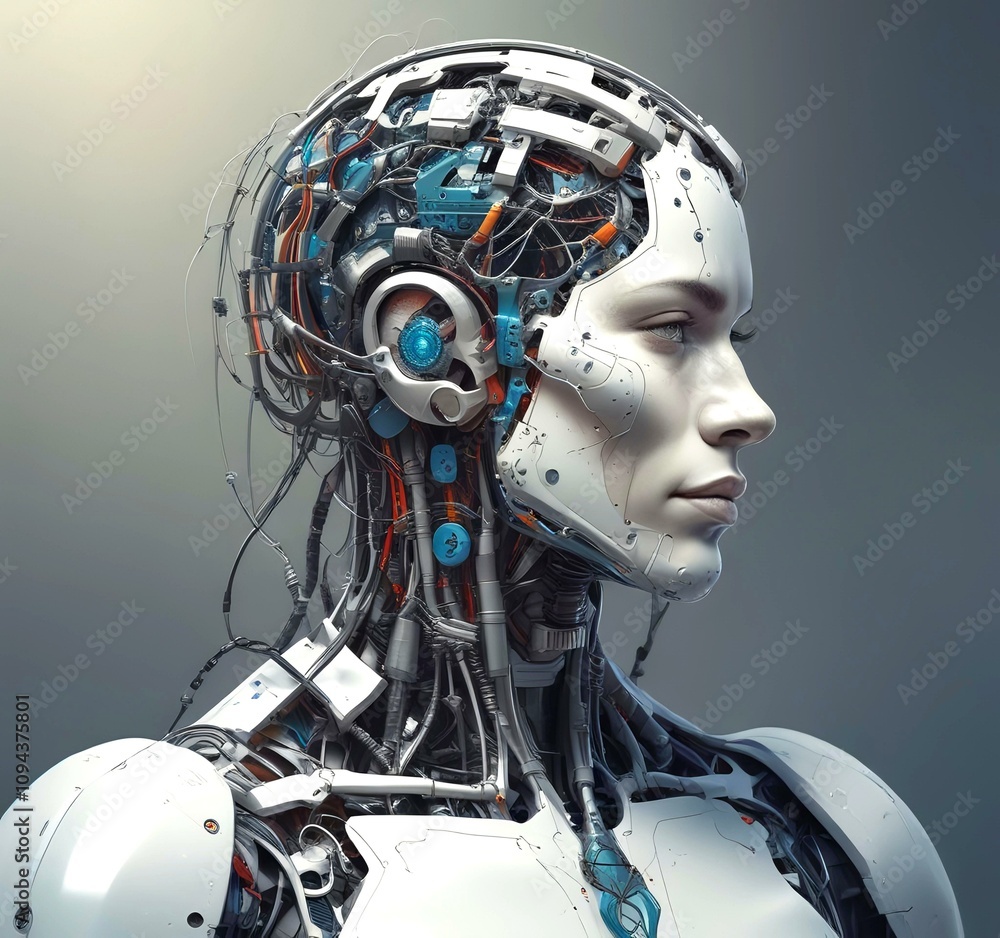 Technology illustration of cyborg with brain connections.