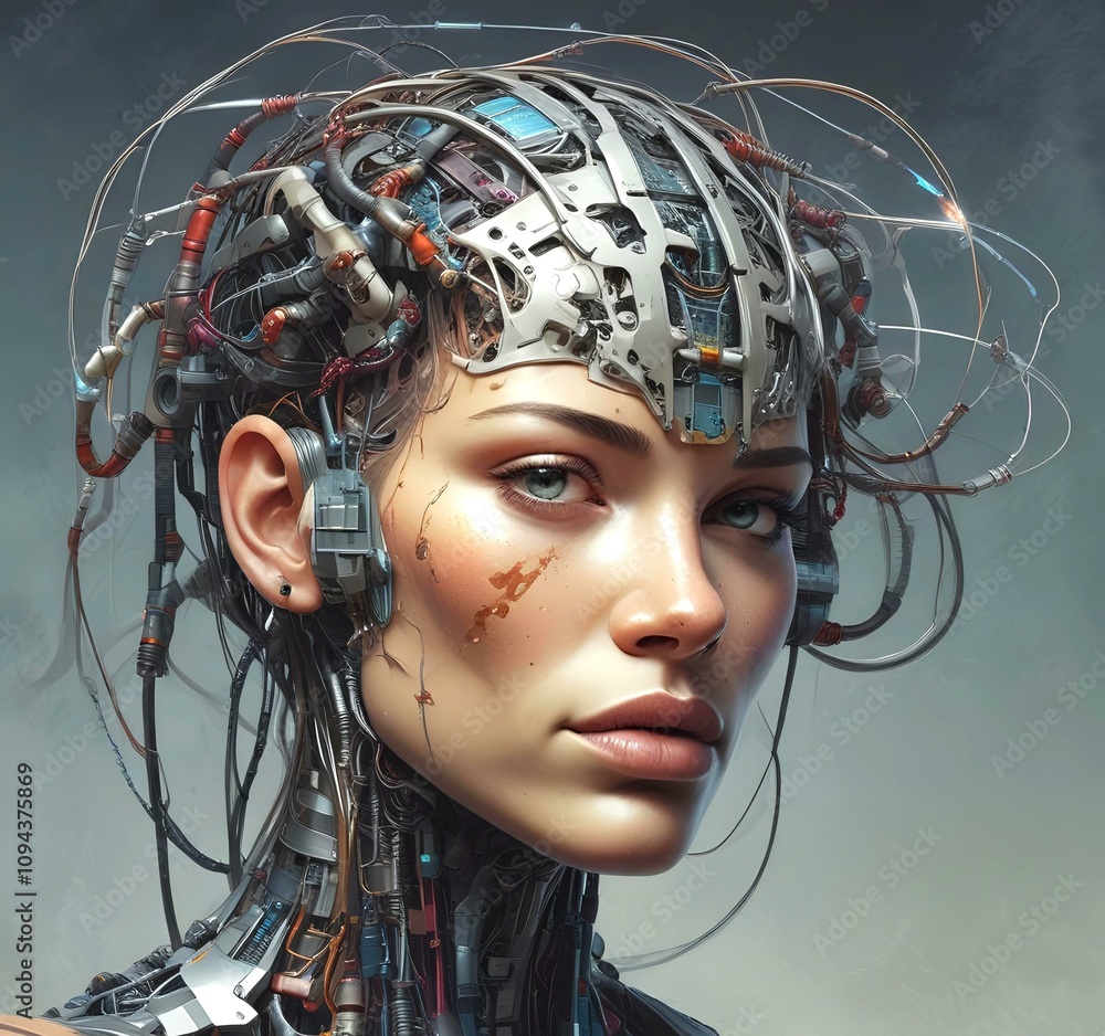 Technology illustration of cyborg with brain connections. Technology illustration of cyborg with brain connections.