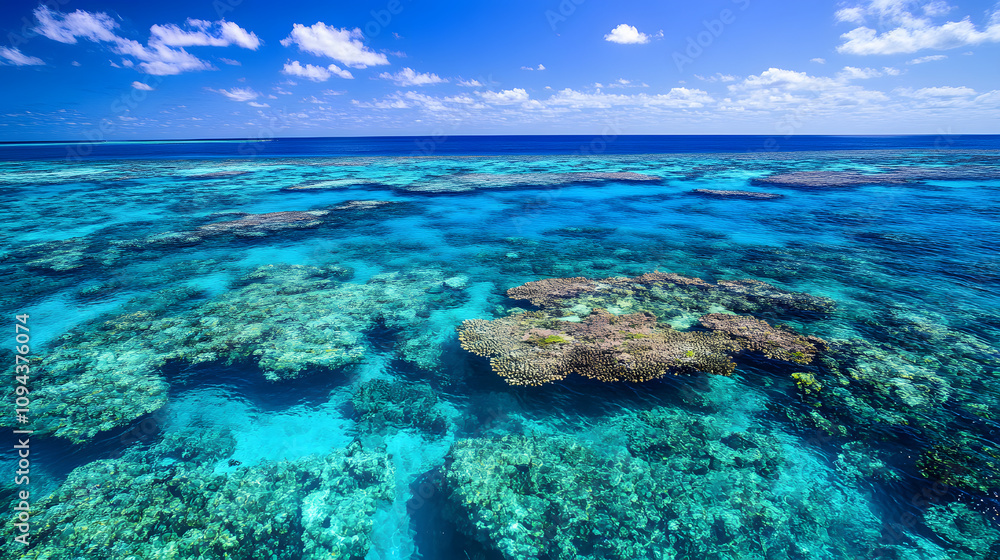 Fototapeta premium A breathtaking aerial perspective of a coral reef seen through clear blue waters.