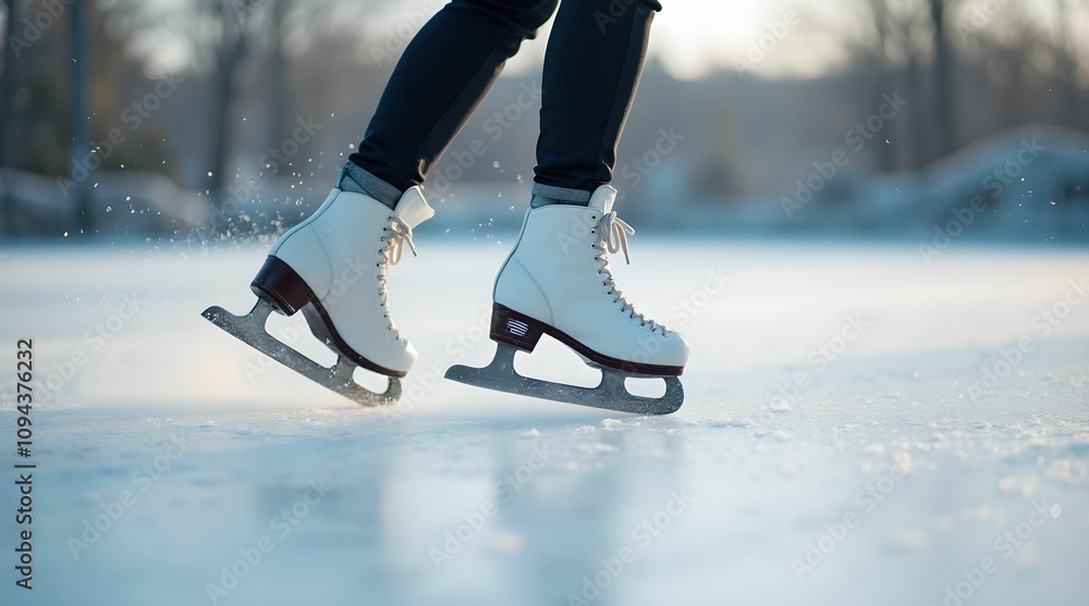 Ice skating, close up of skates on ice Ice skating, close up of skates on ice