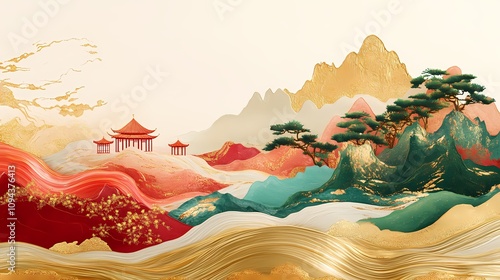 Traditional Chinese gold red green mountain pavilion illustration poster background