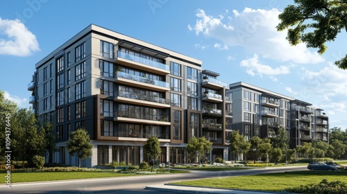 Sleek apartment complex with large glass-panel balconies, urban design, and a radiant blue sky